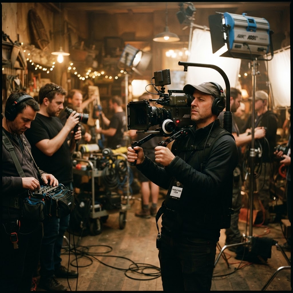 Operating a cinema camera on a shoulder rig on set