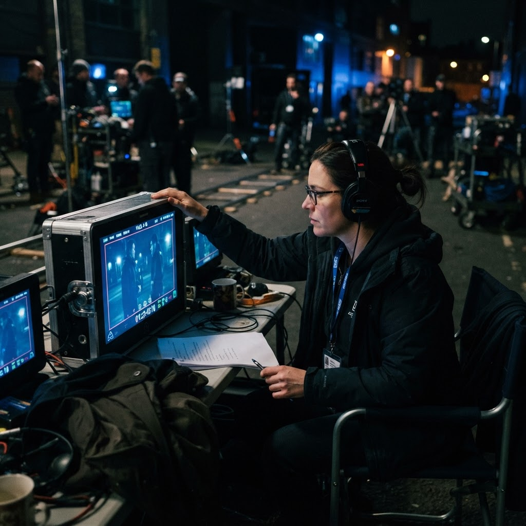 Reviewing a shot on a monitor at night