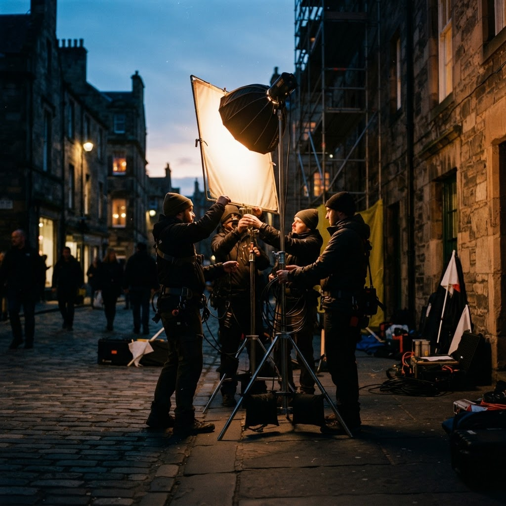 Crew setting up a lighting rig on location at dusk