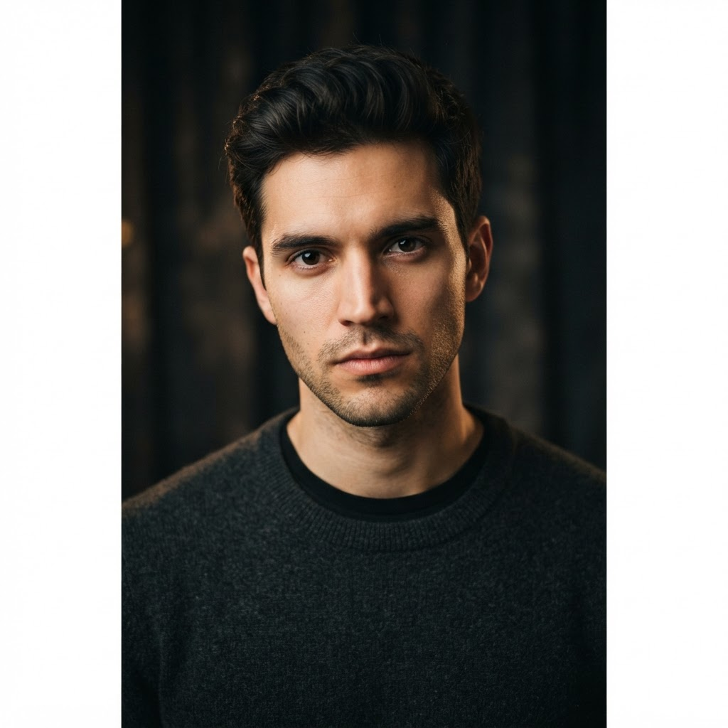 Theatrical headshot, intense neutral expression